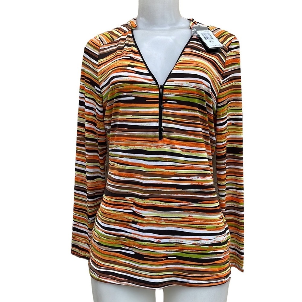 Strazzi Striped V-Neck Long Sleeve Top in Orange and Brown Size S
